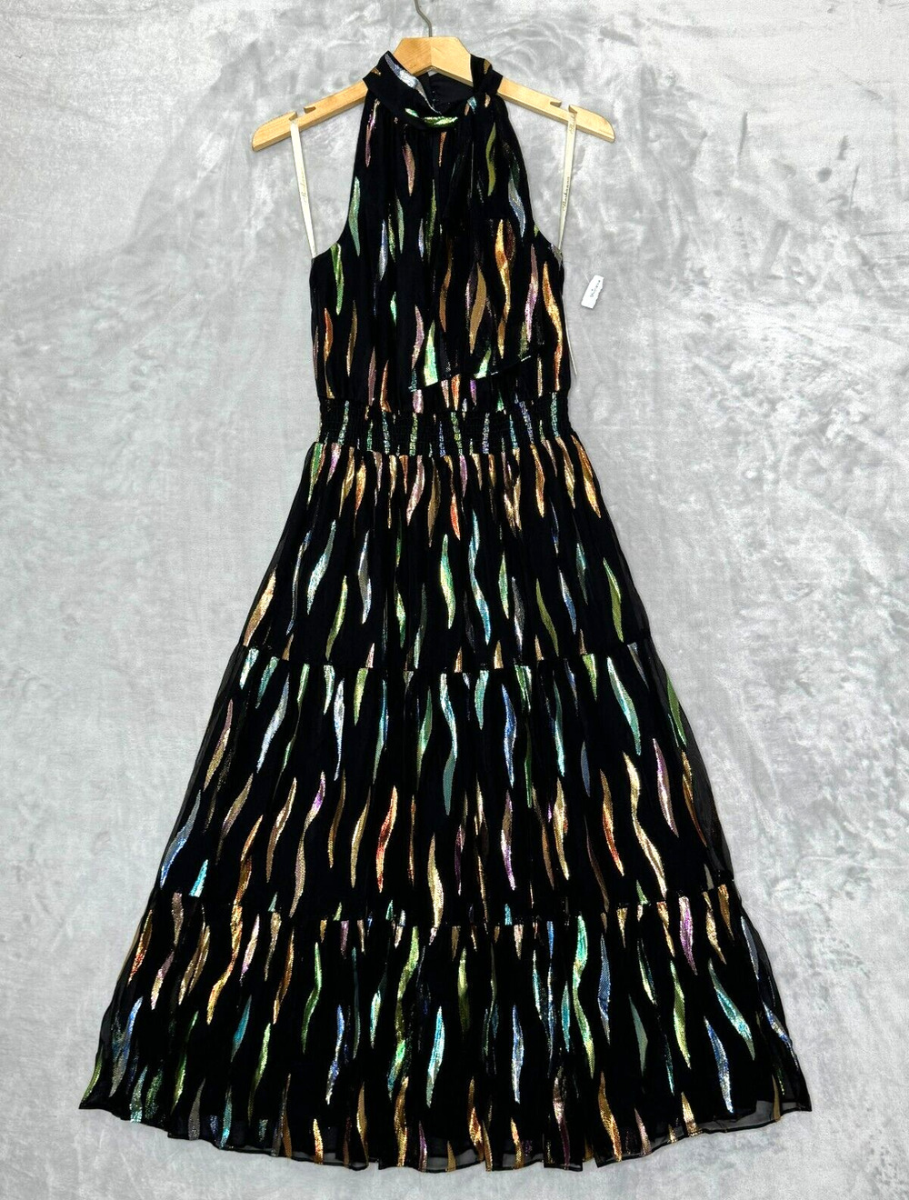 Shoshanna Dress Womens 4 Black Rainbow Metallic Halter Midi NEW Bow Sleeveless